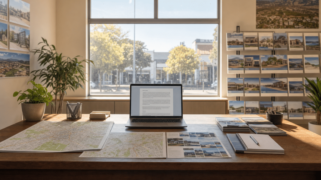 AEO for real estate — a South African estate agency desk with suburb maps and a laptop displaying property content