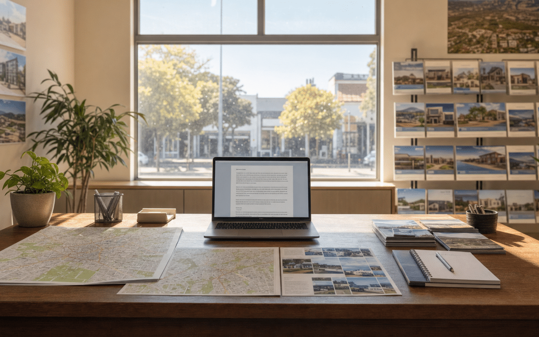AEO for real estate — a South African estate agency desk with suburb maps and a laptop displaying property content