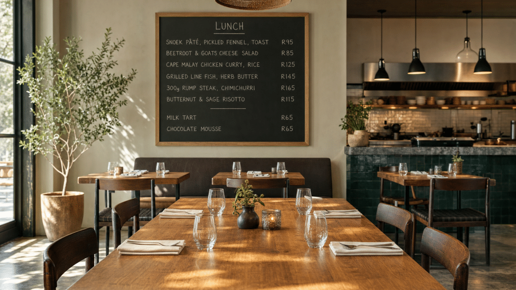 aeo for restaurants — sunlit South African restaurant dining room with chalkboard menu and set tables