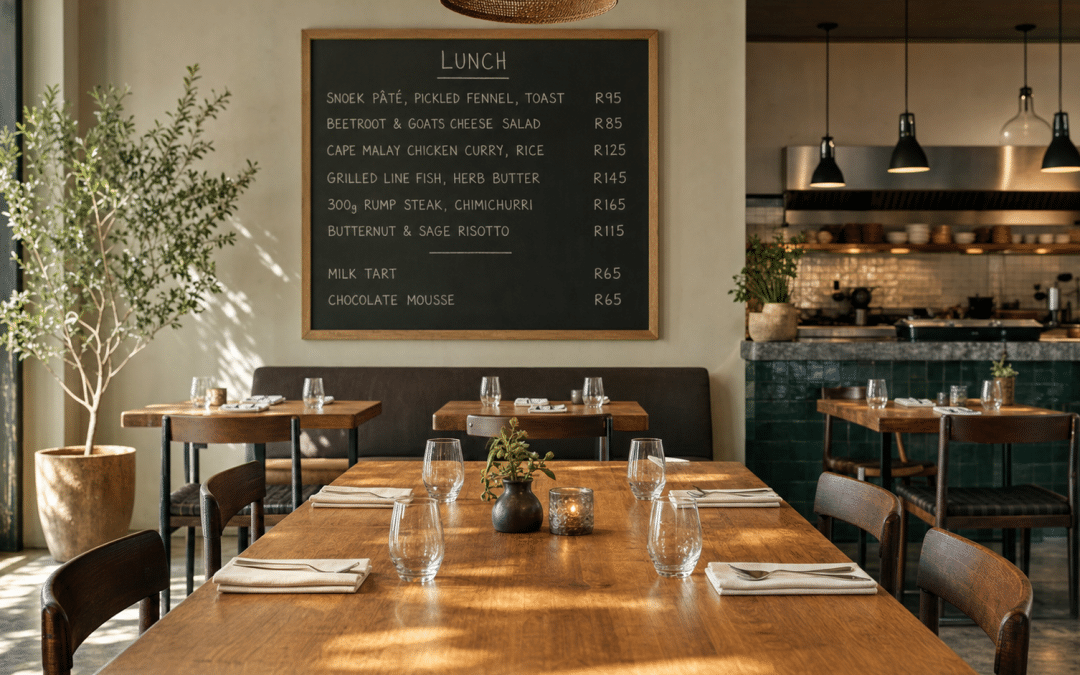 aeo for restaurants — sunlit South African restaurant dining room with chalkboard menu and set tables