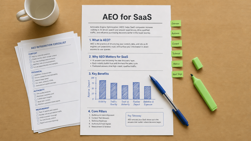 aeo for saas printed strategy document with blue ink chart and green sticky tabs on a light wooden desk