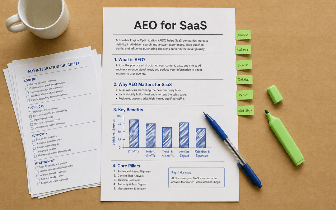 aeo for saas printed strategy document with blue ink chart and green sticky tabs on a light wooden desk