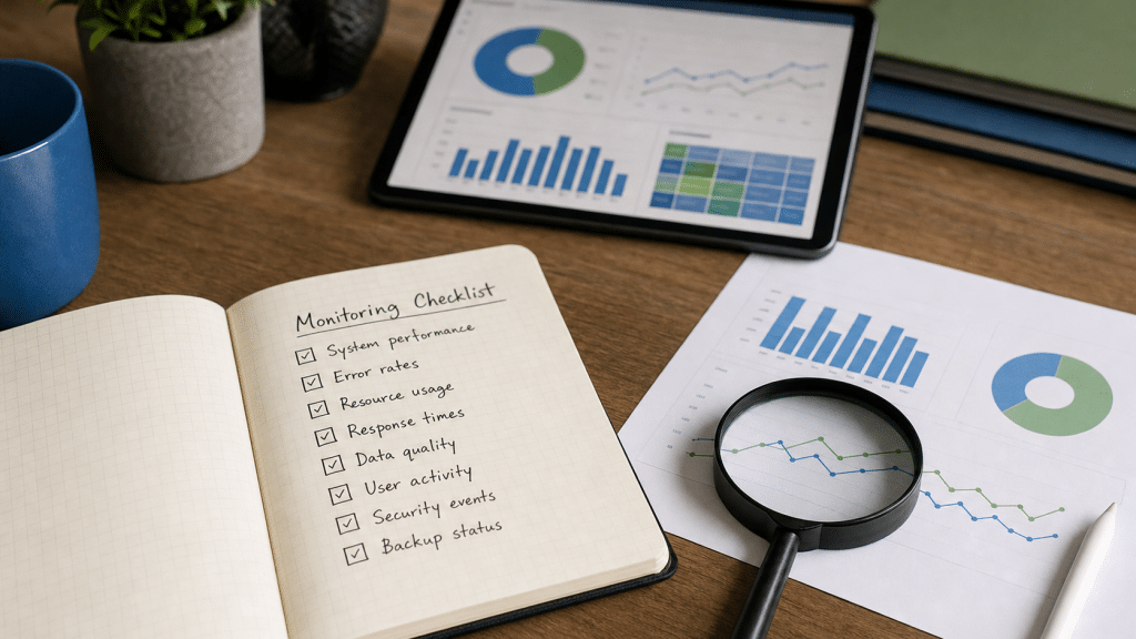 ai answer citation monitoring guide - notebook checklist and data charts on desk
