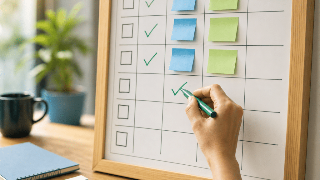 ai search brand consistency checklist audit on a professional whiteboard with blue and green sticky notes