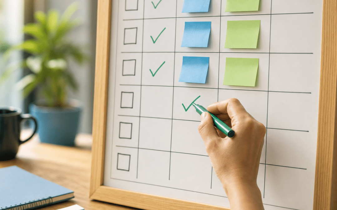 ai search brand consistency checklist audit on a professional whiteboard with blue and green sticky notes