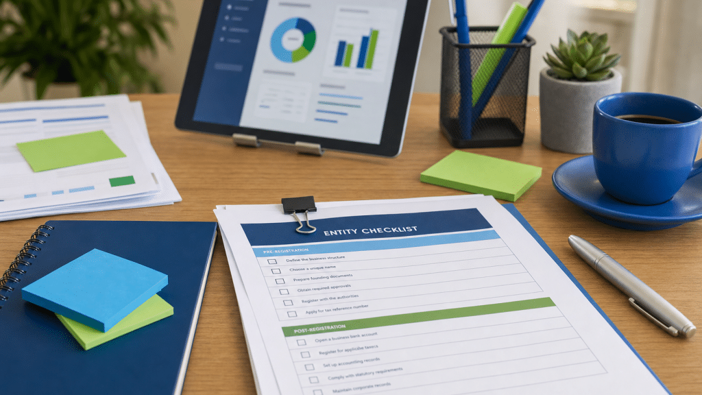 ai search brand entity checklist documents and digital verification dashboard on a South African business desk