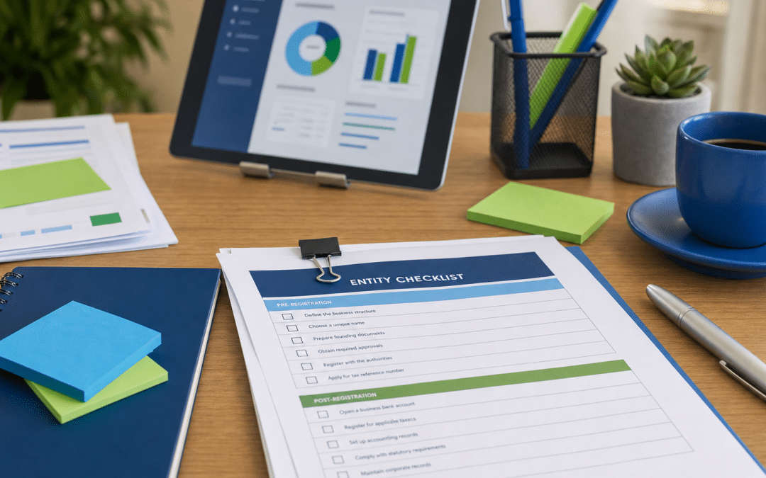 ai search brand entity checklist documents and digital verification dashboard on a South African business desk