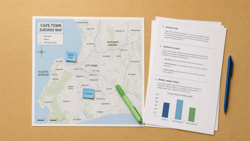 AI search Cape Town optimisation — printed suburb map of Cape Town with sticky notes on Claremont and Green Point alongside structured content pages on a wooden desk