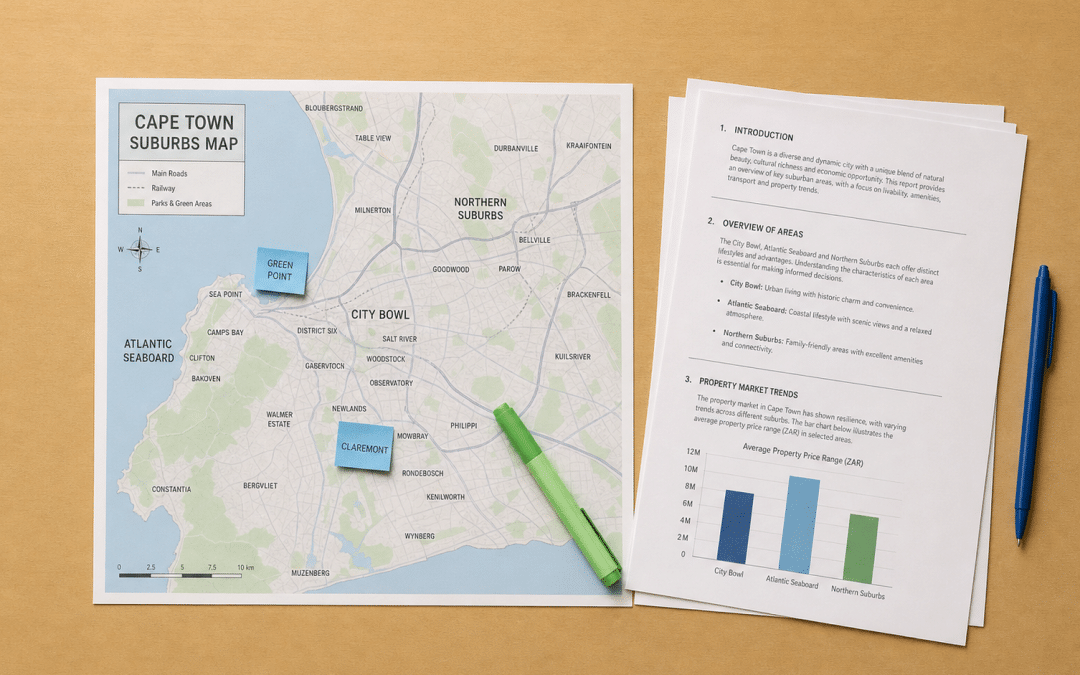 AI search Cape Town optimisation — printed suburb map of Cape Town with sticky notes on Claremont and Green Point alongside structured content pages on a wooden desk