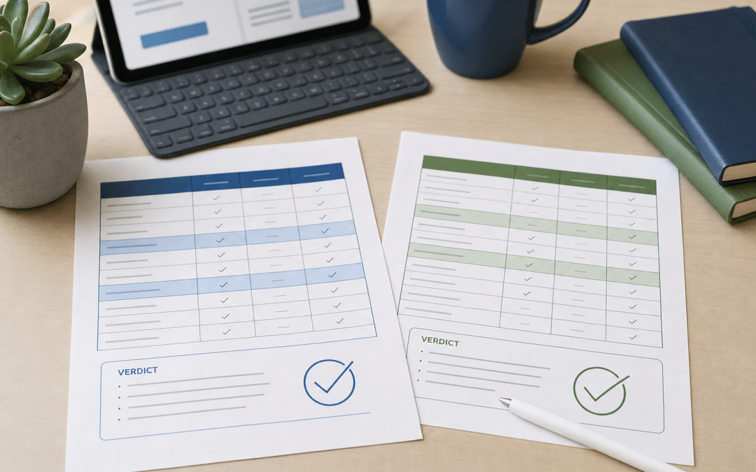ai search comparison content best practices — structured comparison worksheets with highlighted rows on a desk