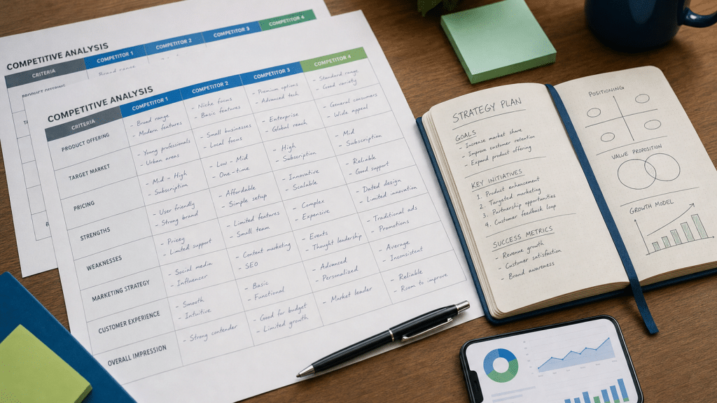ai search competitor analysis workspace with printed matrix grids and strategy notes