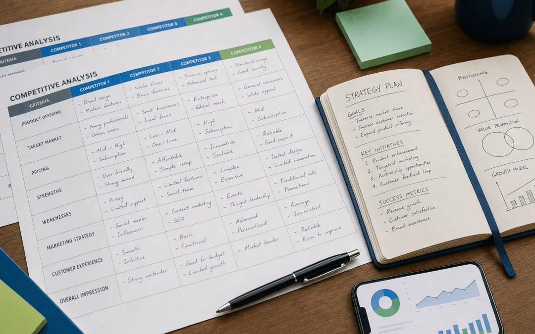 ai search competitor analysis workspace with printed matrix grids and strategy notes
