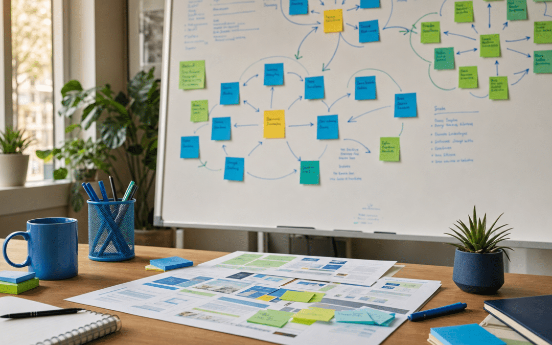 ai search content strategy whiteboard with hub-and-spoke content cluster planning diagram