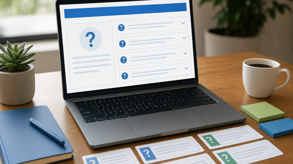 ai search faq strategy — structured FAQ content layout on a laptop with question-and-answer cards on a warm wooden desk