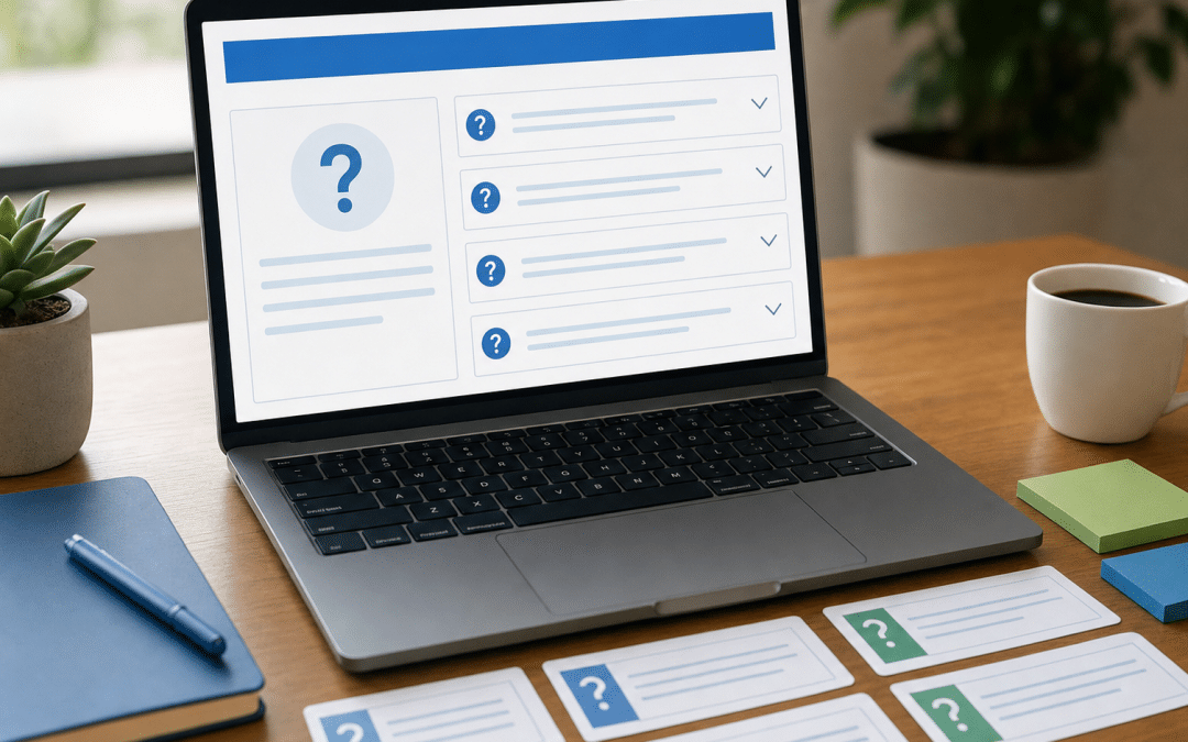 ai search faq strategy — structured FAQ content layout on a laptop with question-and-answer cards on a warm wooden desk