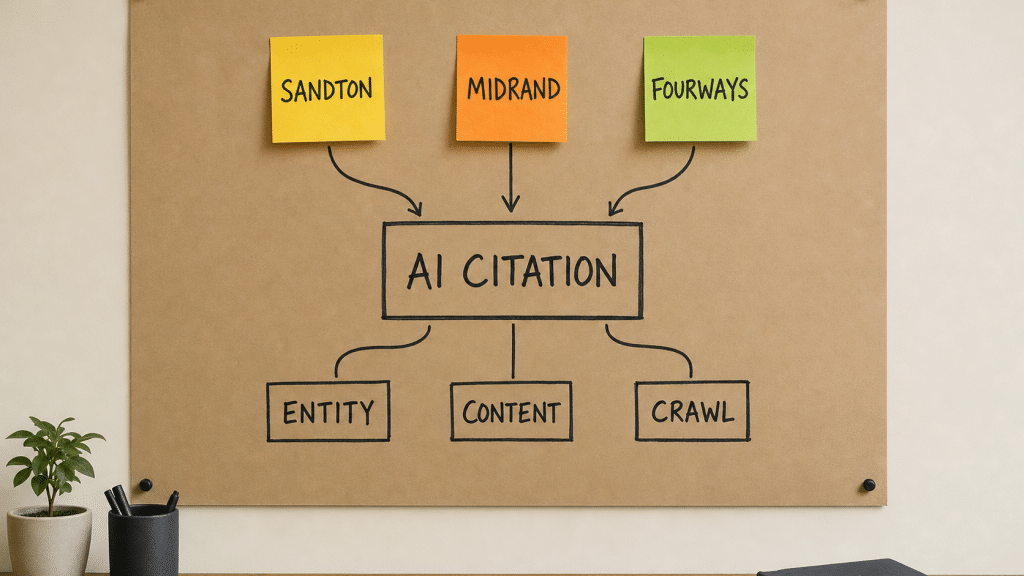 AI search Johannesburg flowchart on kraft paper showing suburb sticky notes feeding into an AI citation box with entity, content, and crawl signals
