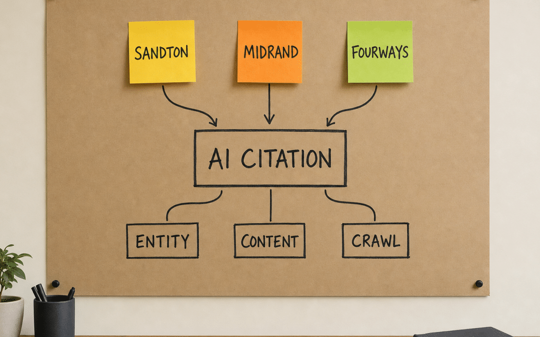 AI search Johannesburg flowchart on kraft paper showing suburb sticky notes feeding into an AI citation box with entity, content, and crawl signals