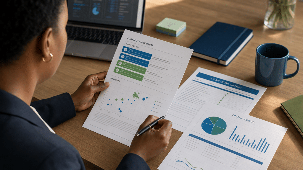ai search source authority signals audit report with E-E-A-T criteria and entity density chart
