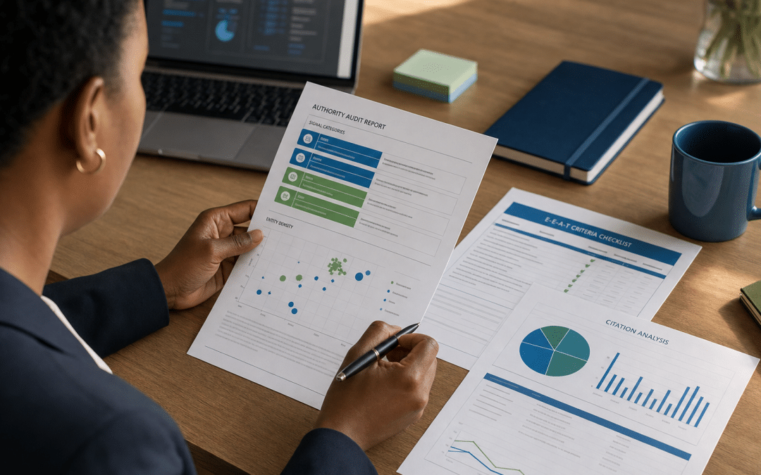 ai search source authority signals audit report with E-E-A-T criteria and entity density chart