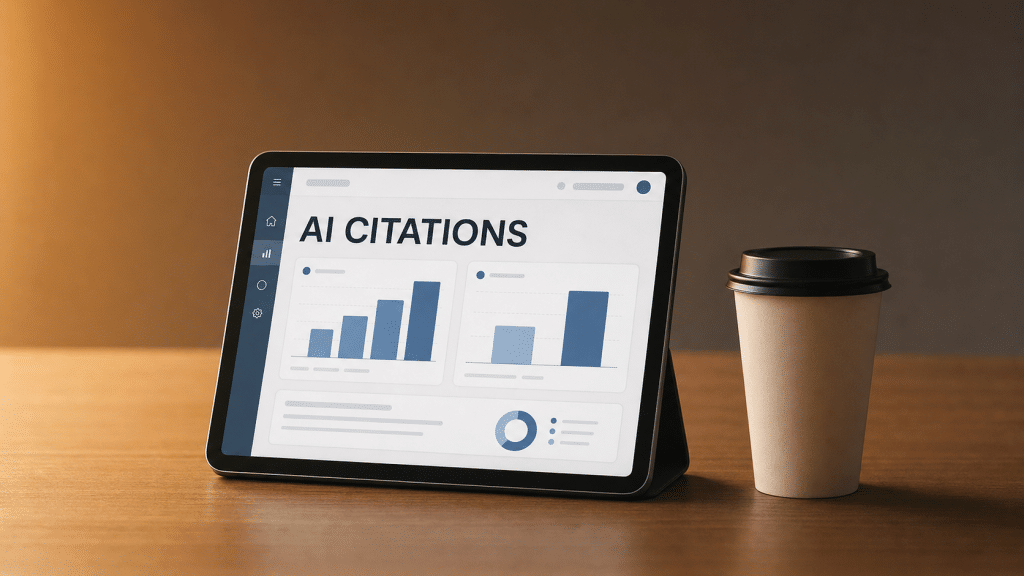 AI search visibility tools dashboard on a propped tablet showing citation tracking bar charts beside a coffee cup