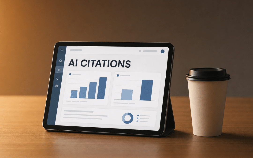 AI search visibility tools dashboard on a propped tablet showing citation tracking bar charts beside a coffee cup