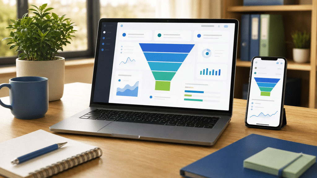 average website conversion rate south africa — laptop and smartphone showing conversion funnel analytics