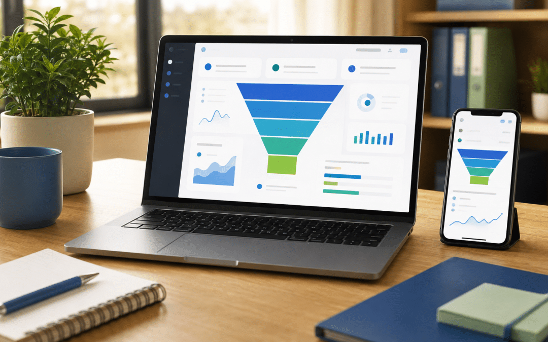 average website conversion rate south africa — laptop and smartphone showing conversion funnel analytics
