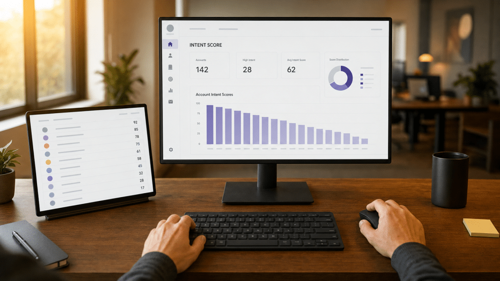 b2b buyer intent data dashboard showing account scores on a monitor, over-the-shoulder view at a standing desk