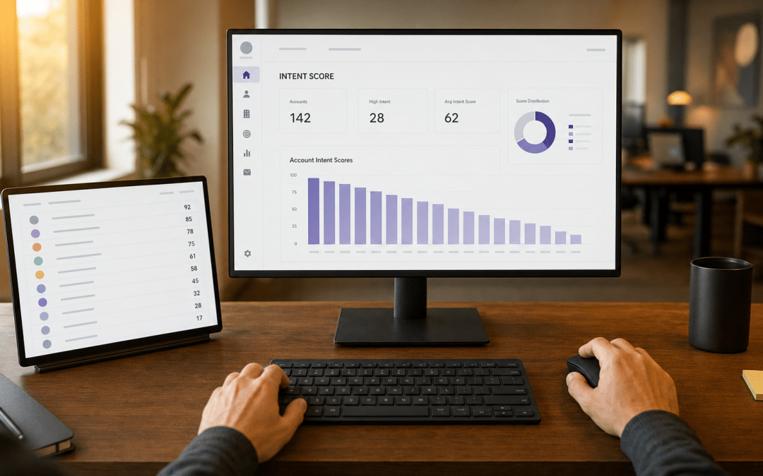 b2b buyer intent data dashboard showing account scores on a monitor, over-the-shoulder view at a standing desk