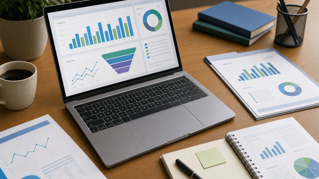 b2b content syndication guide — laptop showing lead generation dashboard with research reports on desk