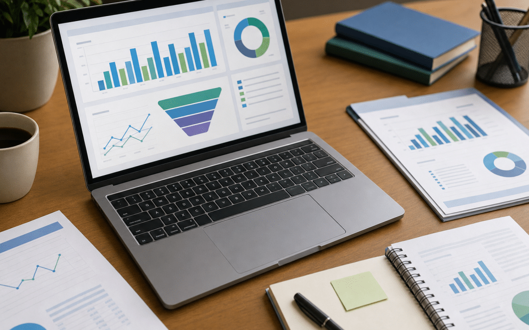 b2b content syndication guide — laptop showing lead generation dashboard with research reports on desk
