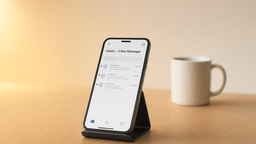 b2b email deliverability — smartphone propped on a desk showing an inbox with three new messages beside a white ceramic mug