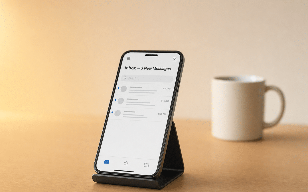 b2b email deliverability — smartphone propped on a desk showing an inbox with three new messages beside a white ceramic mug