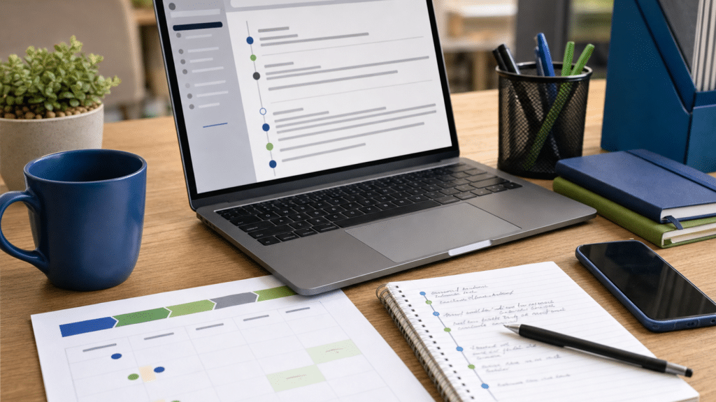 b2b follow up cadence guide — South African sales professional's organized workspace with sequence timeline and touchpoint notes