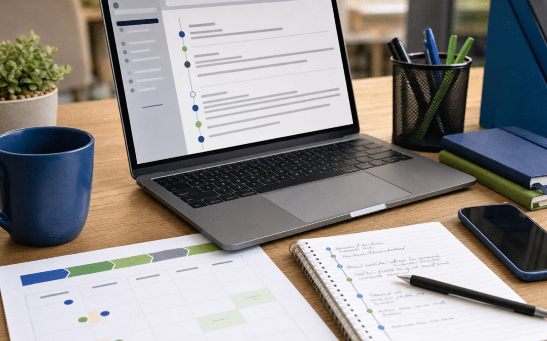 b2b follow up cadence guide — South African sales professional's organized workspace with sequence timeline and touchpoint notes