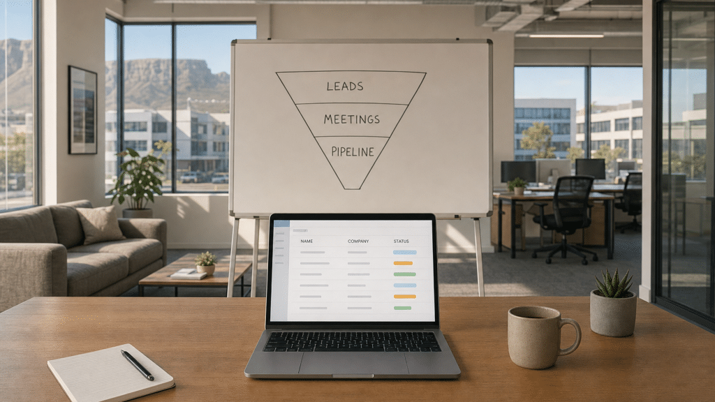 b2b lead generation Cape Town whiteboard funnel diagram in a natural-light Cape Town office with an open CRM laptop on the desk
