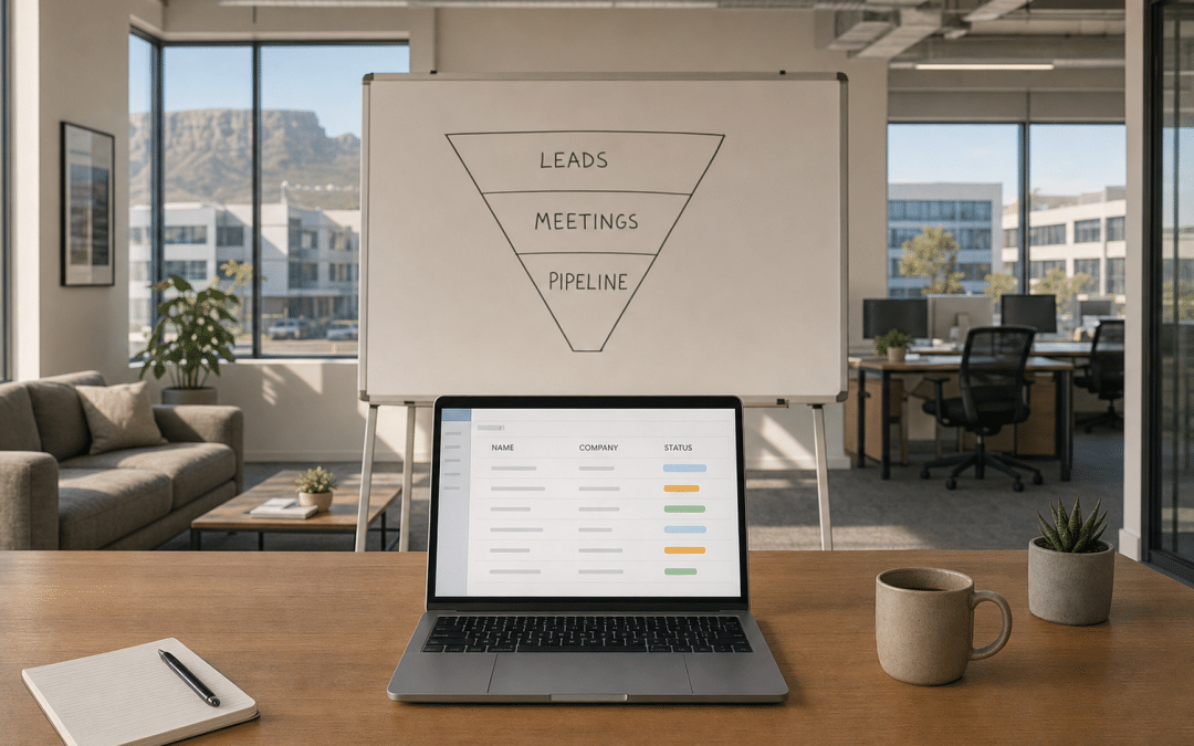 b2b lead generation Cape Town whiteboard funnel diagram in a natural-light Cape Town office with an open CRM laptop on the desk