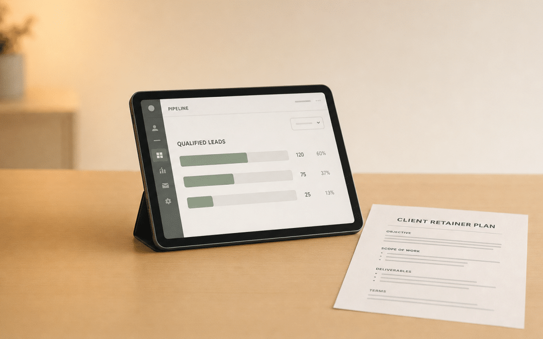 b2b lead generation for accountants — tablet showing a CRM pipeline dashboard beside a printed client retainer plan on a wooden desk