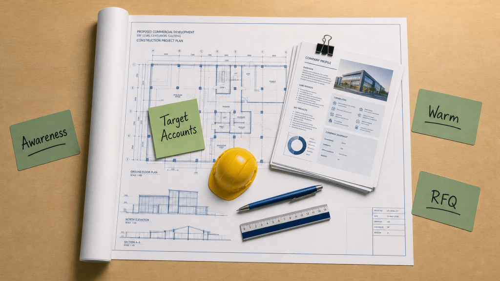 b2b lead generation for construction — overhead flat-lay of a blueprint, printed target account profiles, green sticky notes and a miniature hard hat on a wooden desk