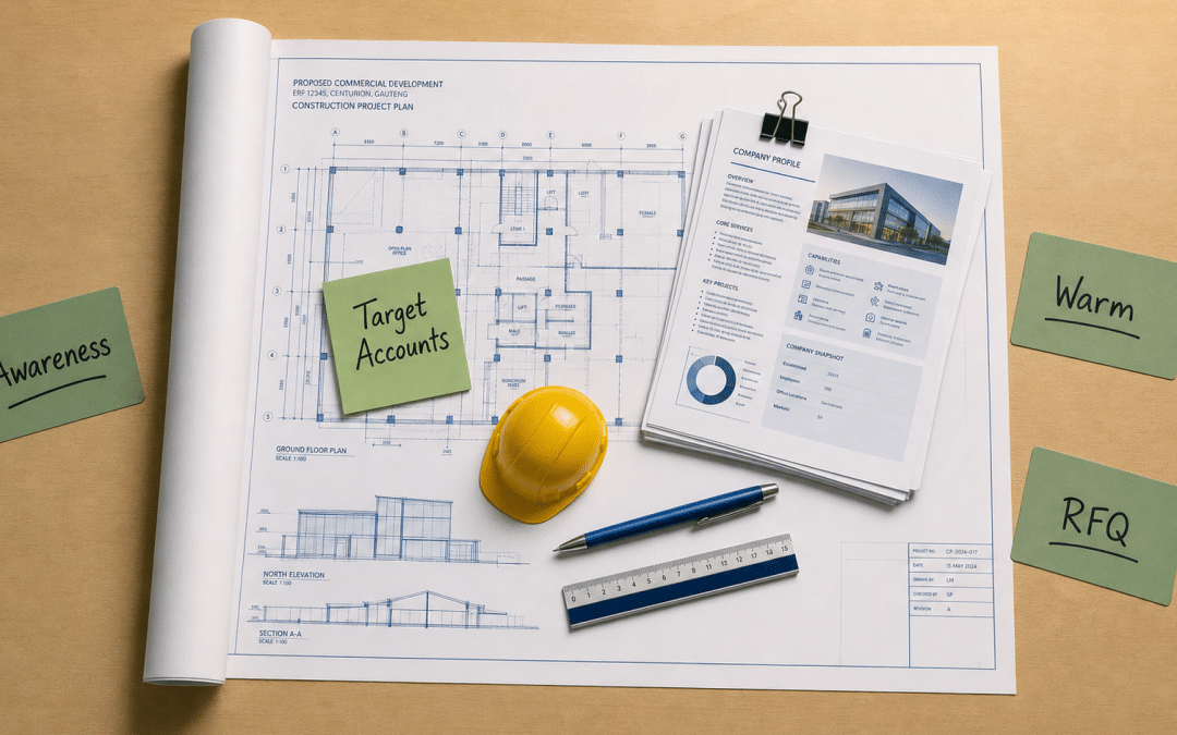 b2b lead generation for construction — overhead flat-lay of a blueprint, printed target account profiles, green sticky notes and a miniature hard hat on a wooden desk