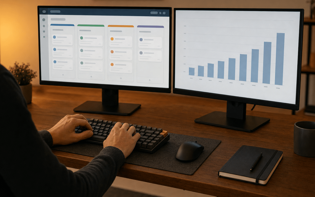 Lead generation for IT companies — over-the-shoulder view of hands at a dual-monitor workstation displaying a CRM pipeline board and a bar chart