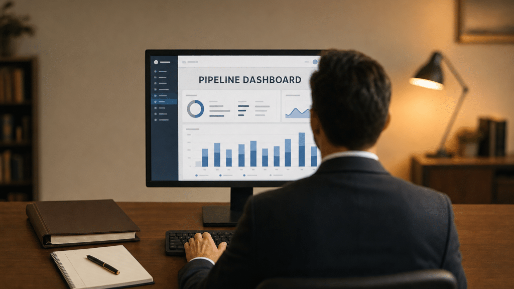 Lead generation for law firms — over-the-shoulder view of a suited professional reviewing a pipeline dashboard on screen
