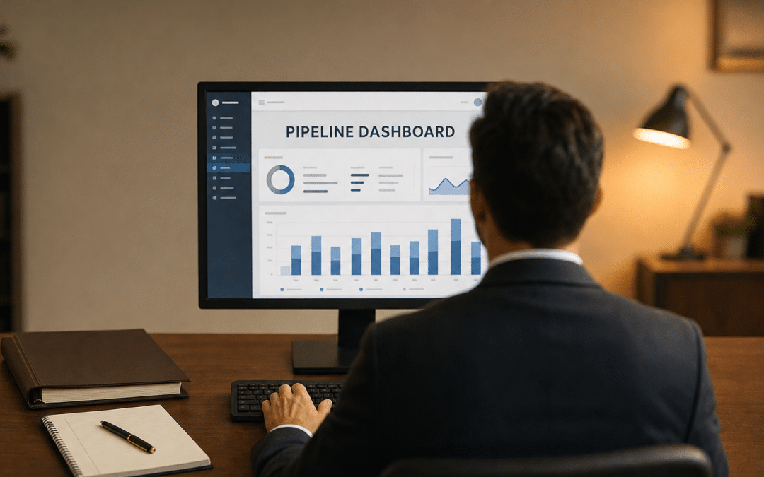 Lead generation for law firms — over-the-shoulder view of a suited professional reviewing a pipeline dashboard on screen