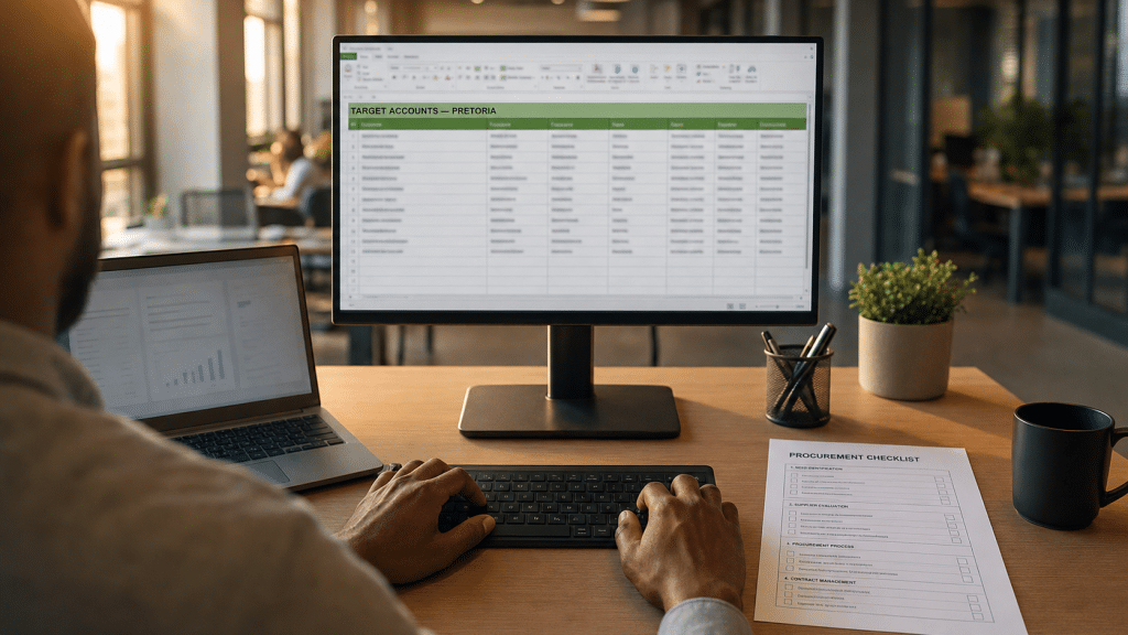 b2b lead generation pretoria — over-the-shoulder view of a professional reviewing a target accounts spreadsheet and procurement checklist at a Pretoria office desk