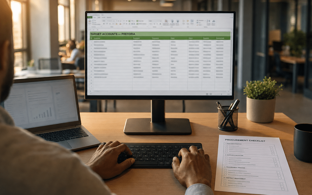 b2b lead generation pretoria — over-the-shoulder view of a professional reviewing a target accounts spreadsheet and procurement checklist at a Pretoria office desk