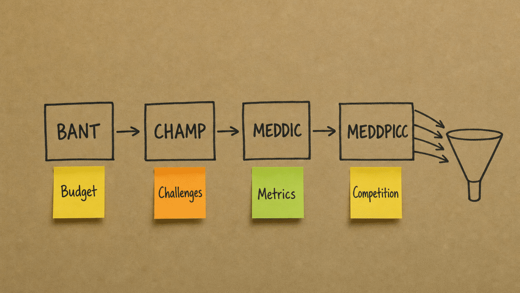 b2b lead qualification frameworks diagram showing BANT CHAMP MEDDIC and MEDDPICC as hand-drawn boxes connected by arrows on a kraft-paper wall