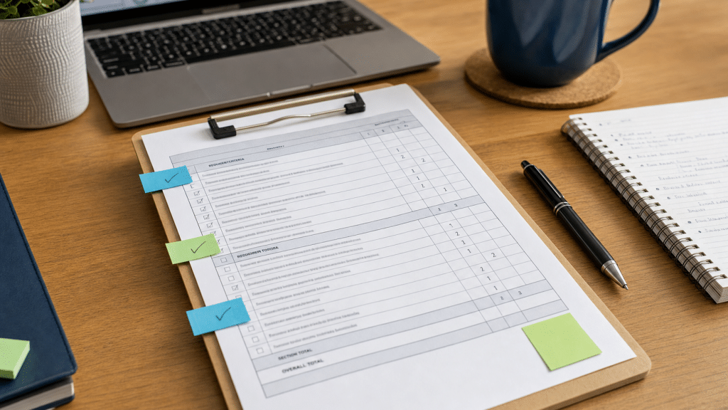 b2b opportunity qualification checklist scoring grid on clipboard with pen and notes