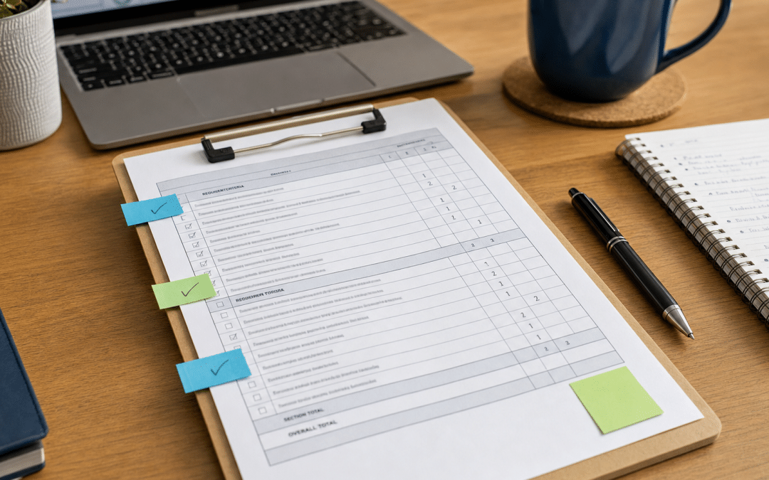 b2b opportunity qualification checklist scoring grid on clipboard with pen and notes