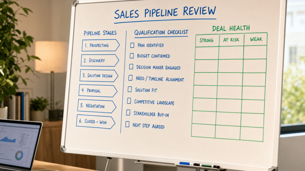 b2b pipeline review checklist — sales pipeline stages and deal inspection criteria on a whiteboard