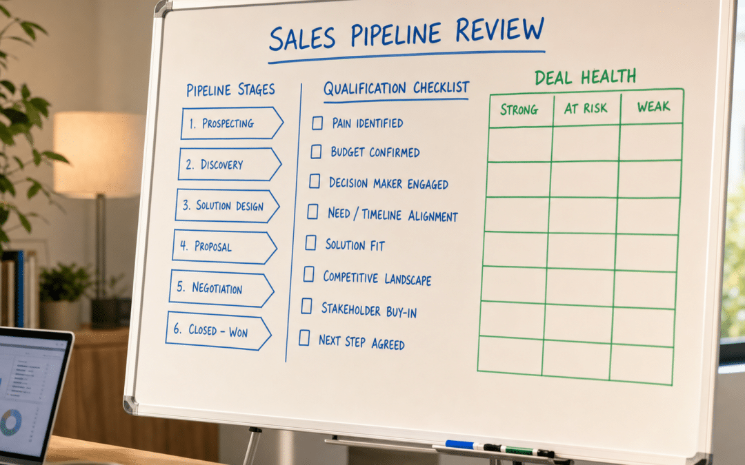 b2b pipeline review checklist — sales pipeline stages and deal inspection criteria on a whiteboard